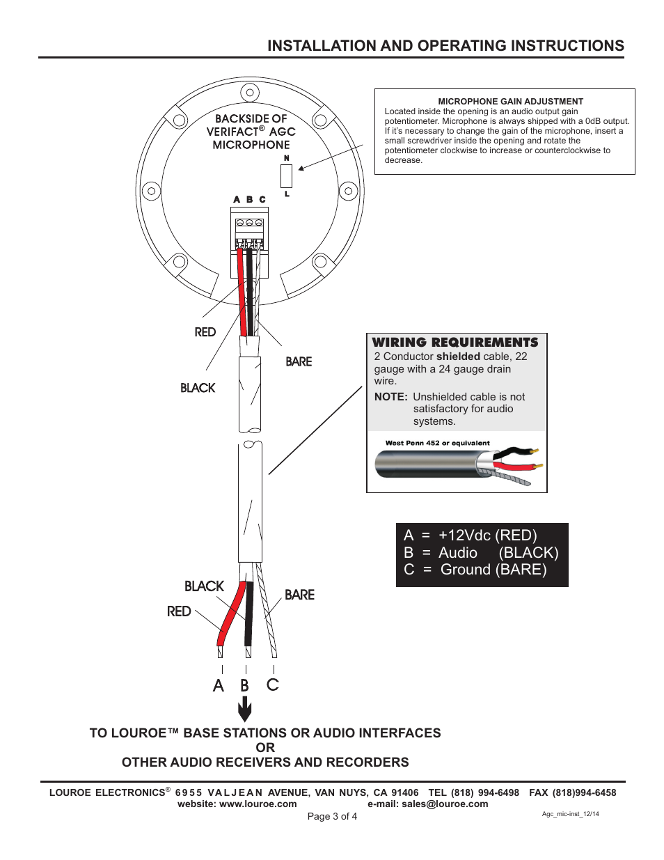 Ab c, Installation and operating instructions | Louroe Electronics LE-510 User Manual | Page 3 / 4