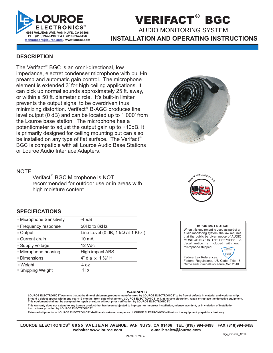 Louroe Electronics LE-571 User Manual | 4 pages