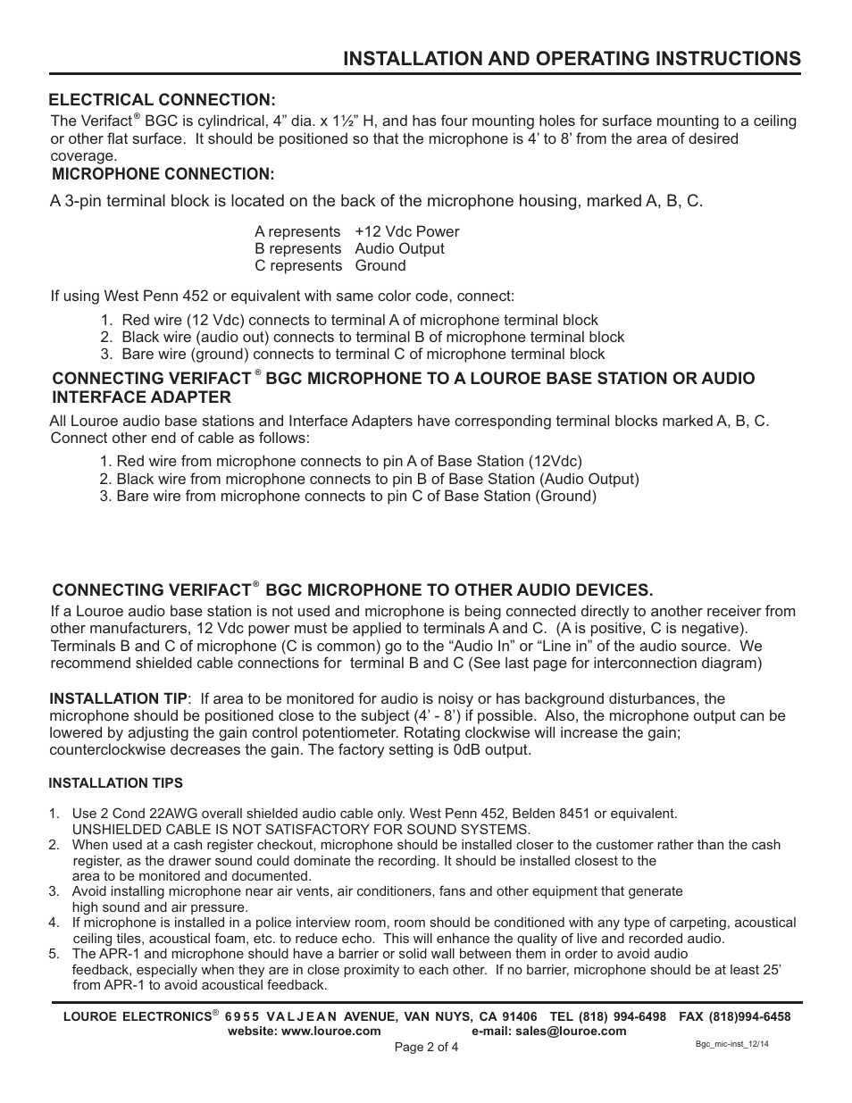 Installation and operating instructions | Louroe Electronics LE-571 User Manual | Page 2 / 4