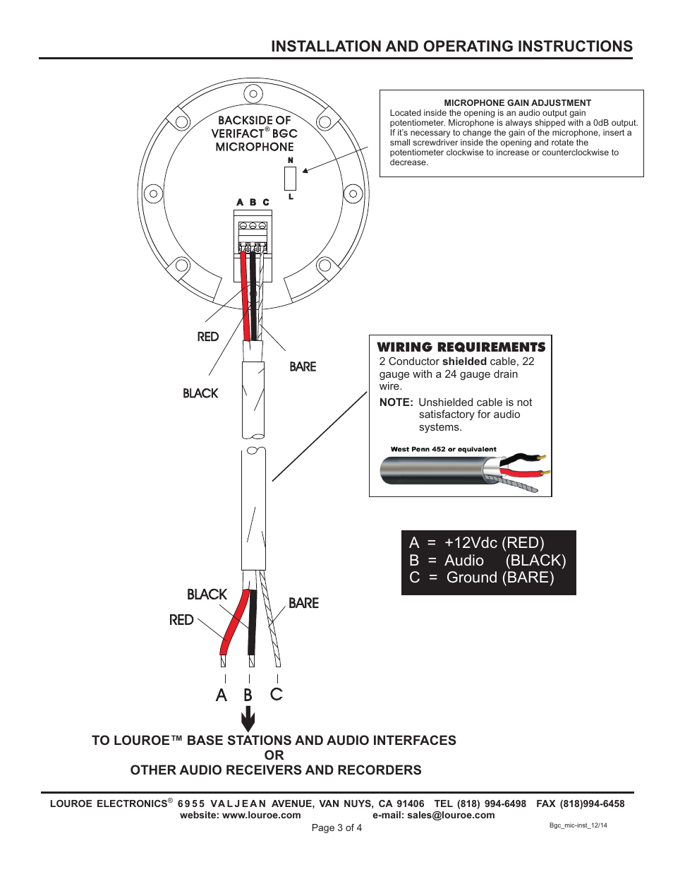 Ab c, Installation and operating instructions, Black bare red | Louroe Electronics LE-571 User Manual | Page 3 / 4