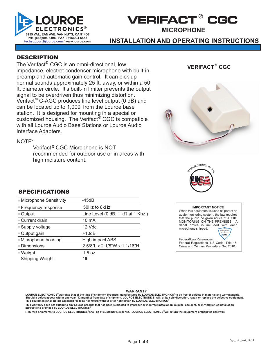 Louroe Electronics LE-572 User Manual | 4 pages