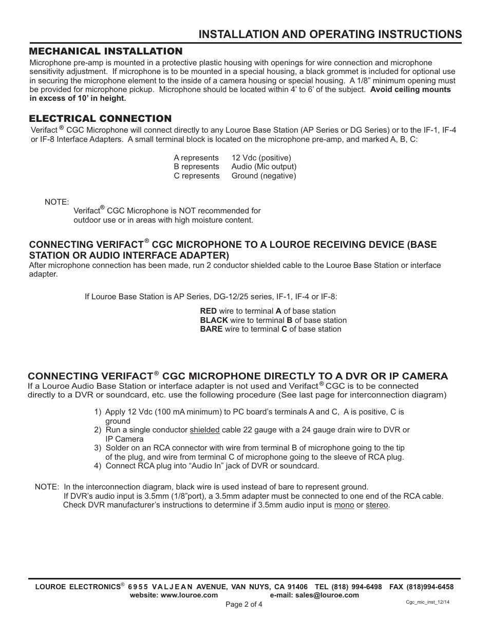 Installation and operating instructions, Mechanical installation, Electrical connection | Louroe Electronics LE-572 User Manual | Page 2 / 4