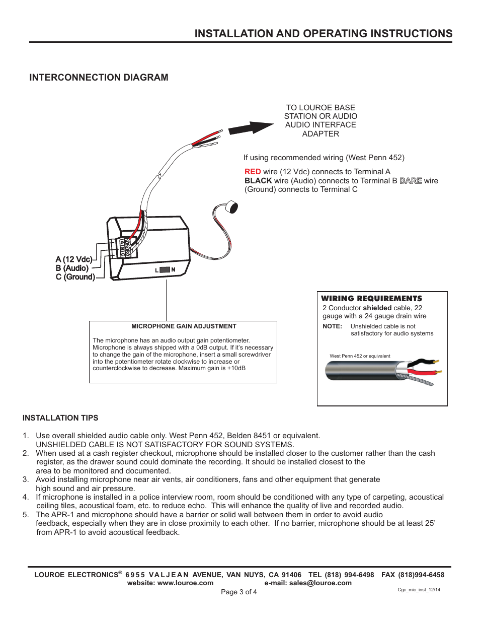 Installation and operating instructions, Connection diagram, Interconnection diagram | Louroe Electronics LE-572 User Manual | Page 3 / 4