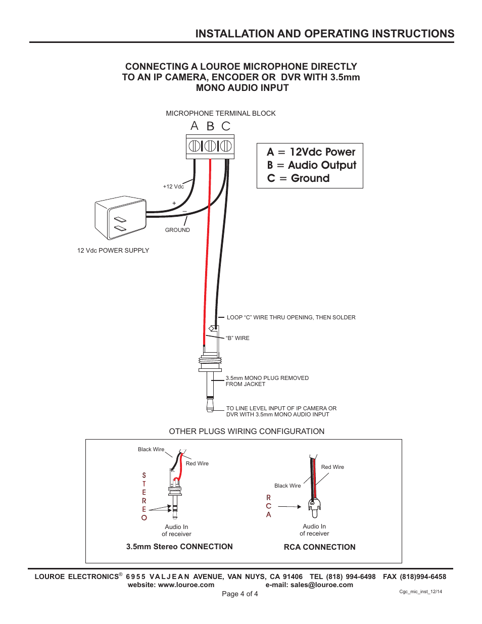 A b c, A = 12vdc power b = audio output c = ground, Installation and operating instructions | Louroe Electronics LE-572 User Manual | Page 4 / 4