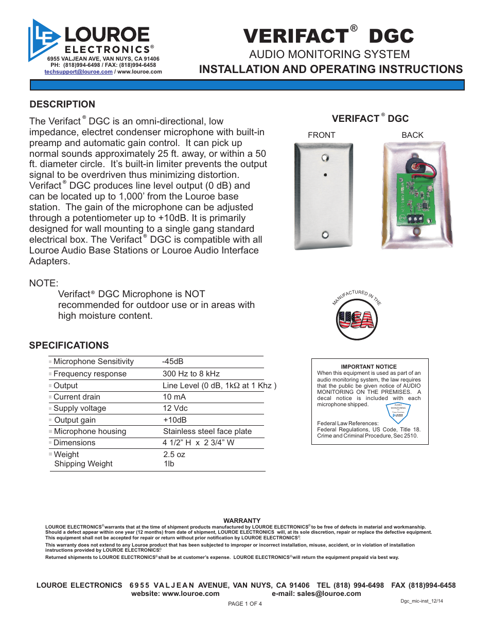 Louroe Electronics LE-578 User Manual | 4 pages