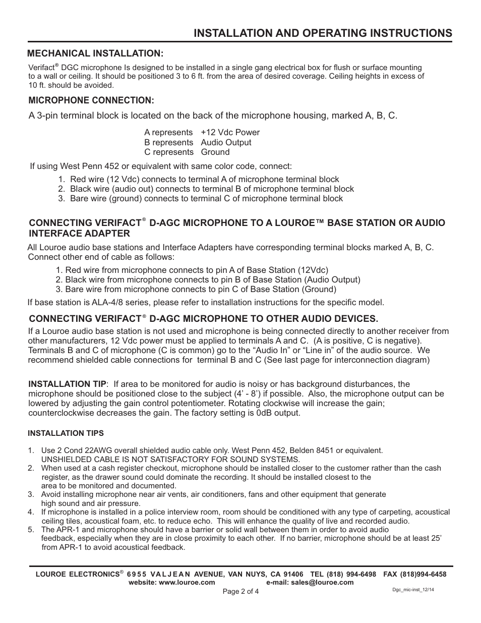 Installation and operating instructions | Louroe Electronics LE-578 User Manual | Page 2 / 4