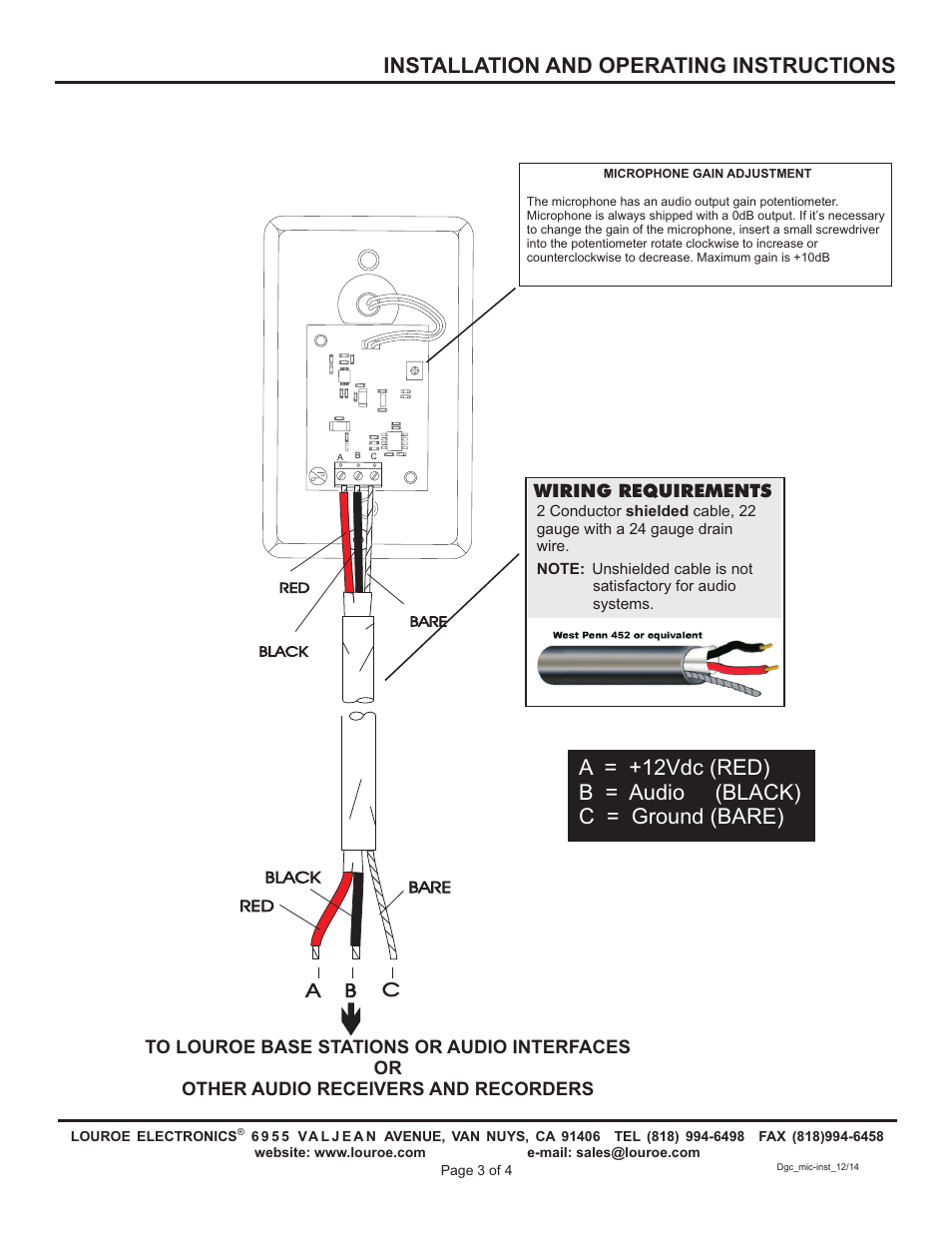 Installation and operating instructions, Ab c, Wiring requirements | Louroe Electronics LE-578 User Manual | Page 3 / 4