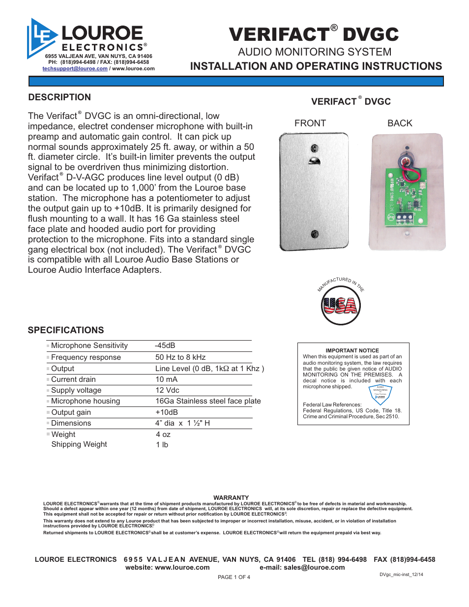 Louroe Electronics LE-569 User Manual | 4 pages