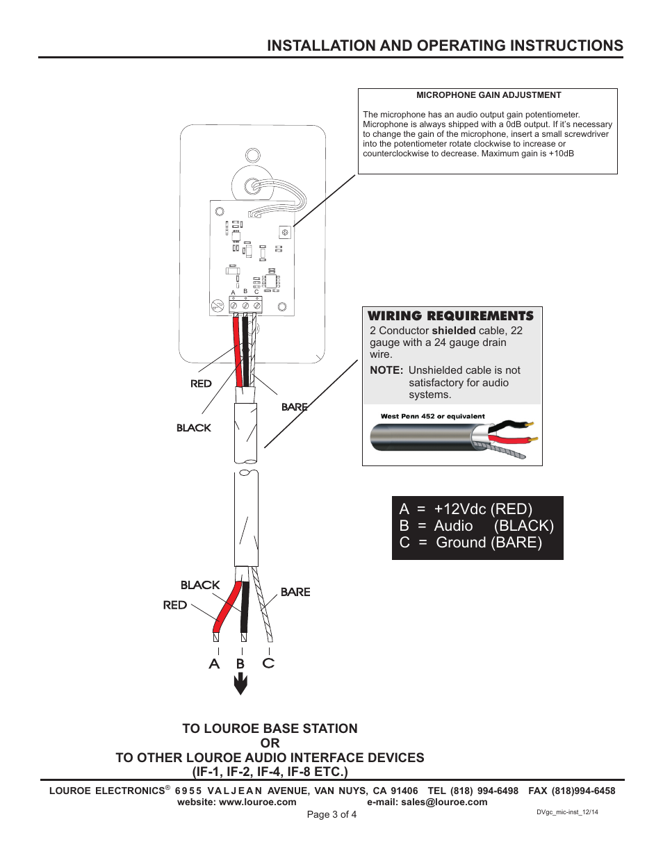 Installation and operating instructions, Ab c, Wiring requirements | Louroe Electronics LE-569 User Manual | Page 3 / 4