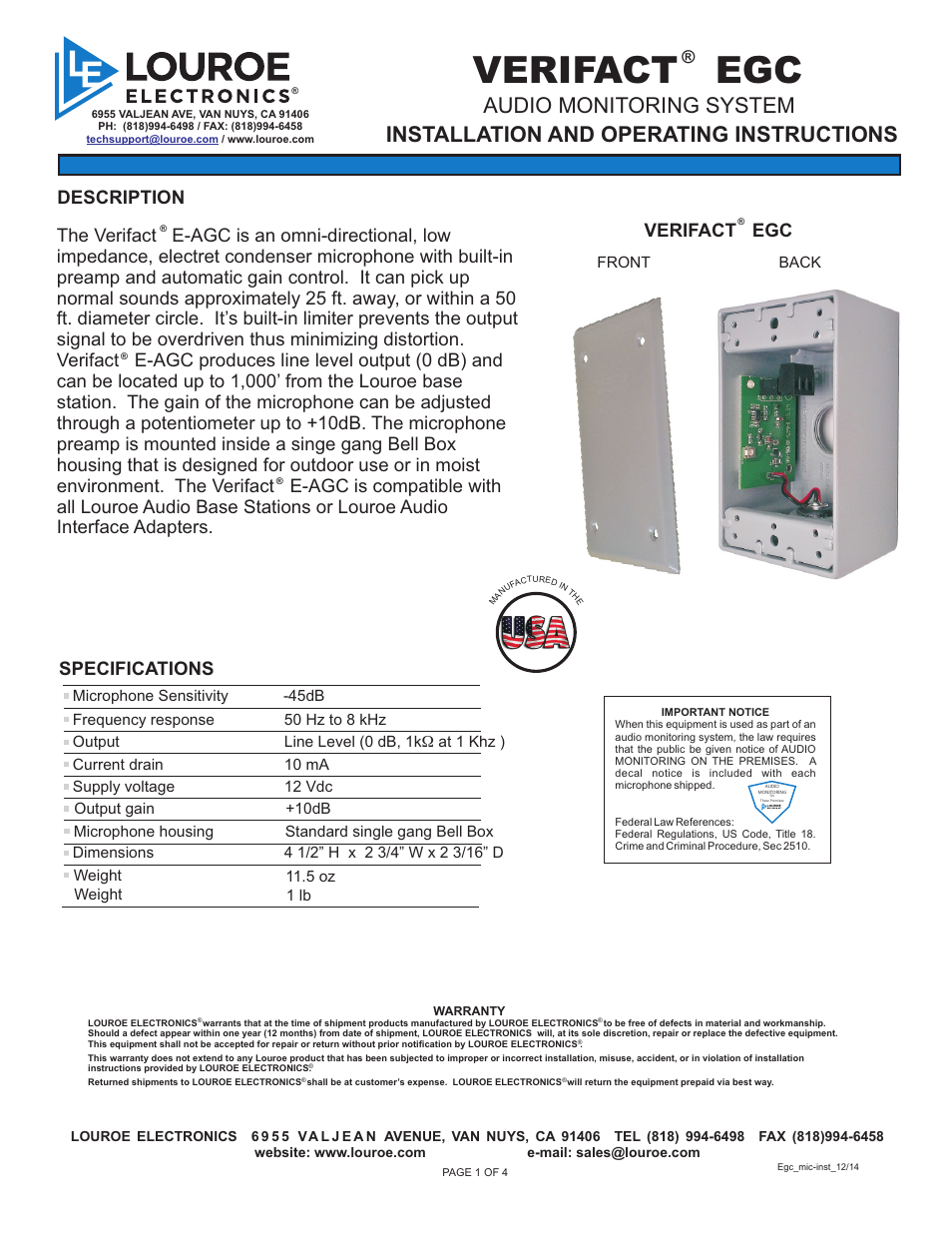 Louroe Electronics LE-575 User Manual | 4 pages
