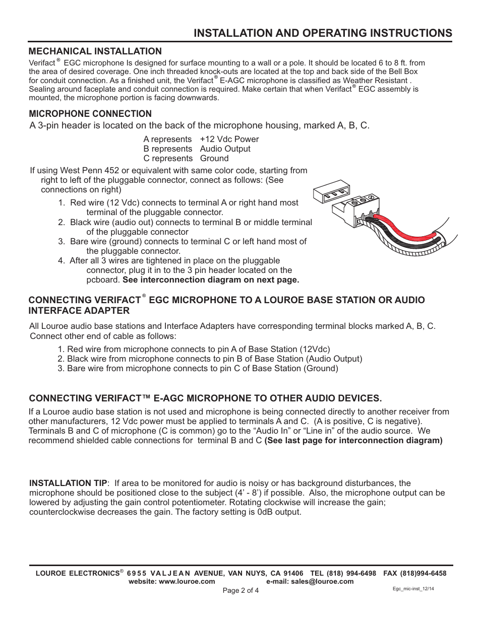 Installation and operating instructions | Louroe Electronics LE-575 User Manual | Page 2 / 4