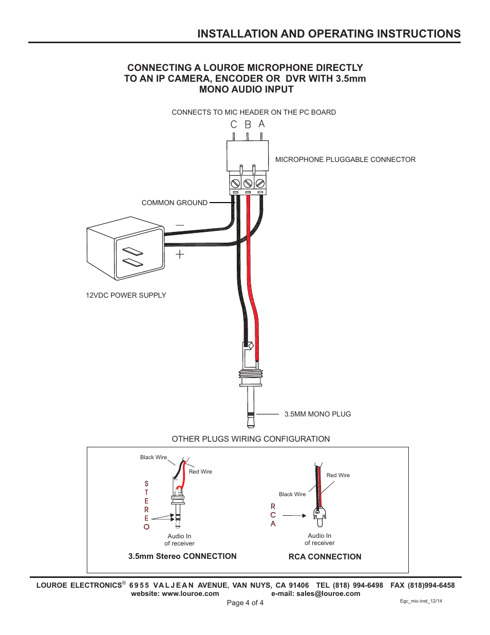 Installation and operating instructions | Louroe Electronics LE-575 User Manual | Page 4 / 4