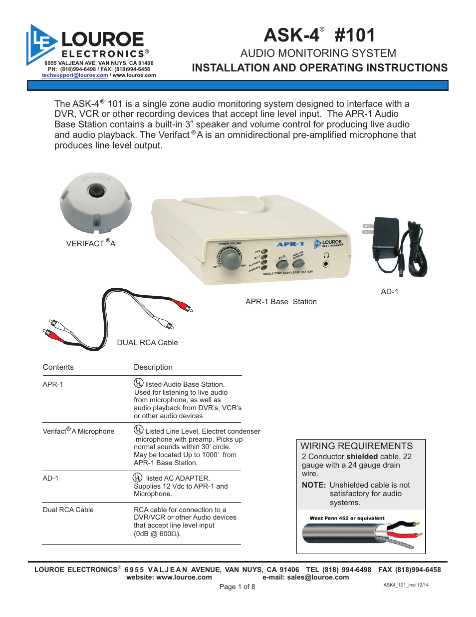 Louroe Electronics ASK-4 101 User Manual | 8 pages