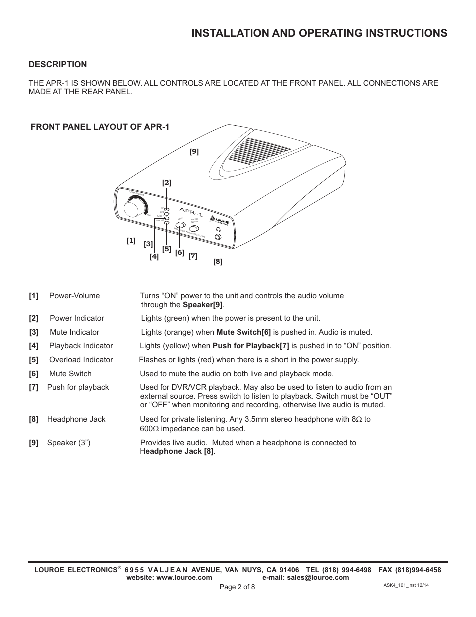 Installation and operating instructions, Description, Front panel layout of apr-1 | Louroe Electronics ASK-4 101 User Manual | Page 2 / 8