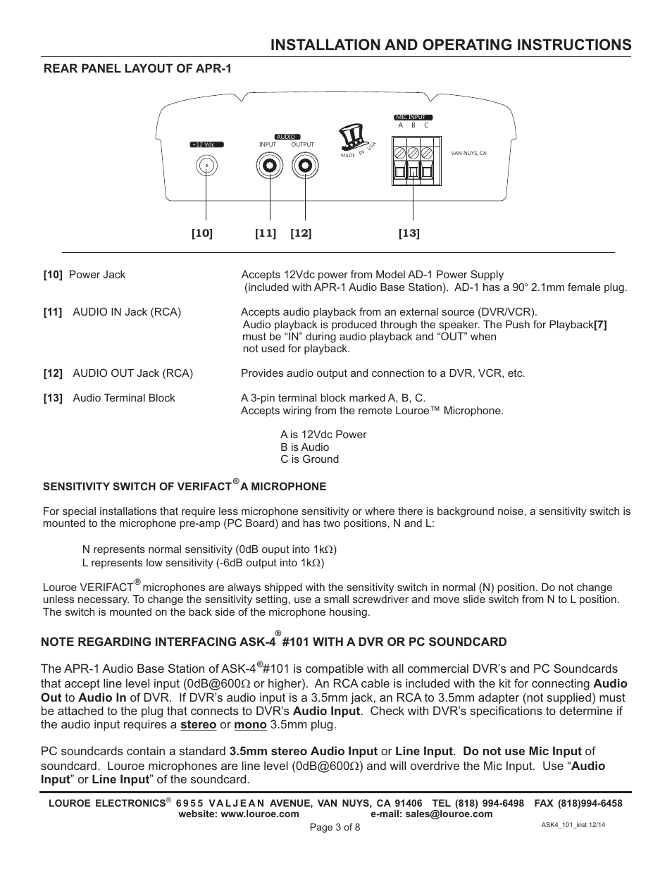 Installation and operating instructions, Rear panel layout of apr-1 | Louroe Electronics ASK-4 101 User Manual | Page 3 / 8
