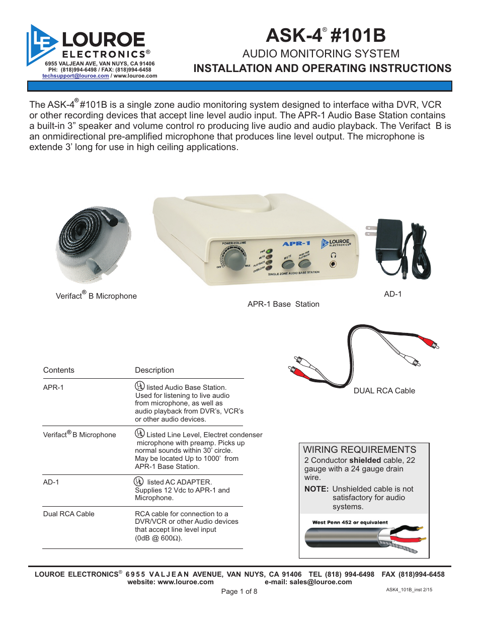 Louroe Electronics ASK-4 101B User Manual | 8 pages