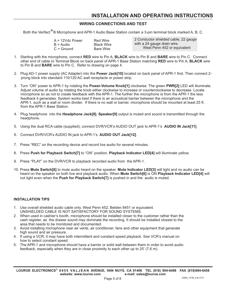 Installation and operating instructions | Louroe Electronics ASK-4 101B User Manual | Page 5 / 8
