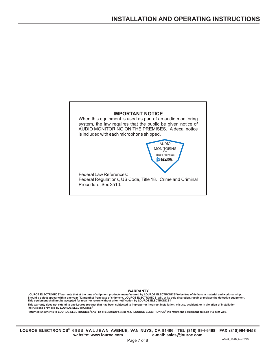 Installation and operating instructions, Important notice | Louroe Electronics ASK-4 101B User Manual | Page 7 / 8
