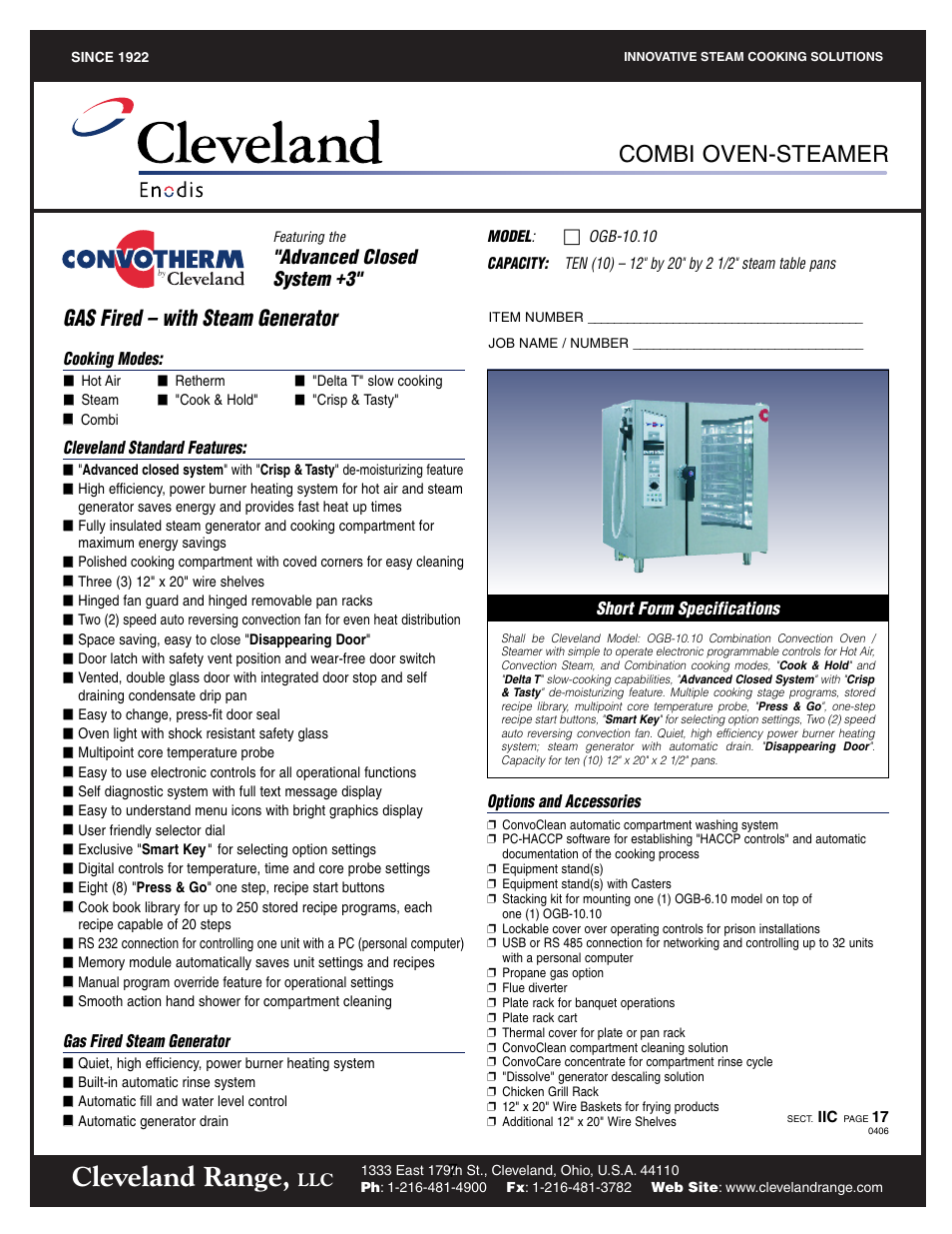 Specification sheets, Ogb-10.10, Cleveland range | Combi oven-steamer, Gas fired – with steam generator, Advanced closed system +3 | Cleveland Range OGS-10.10 User Manual | Page 10 / 101