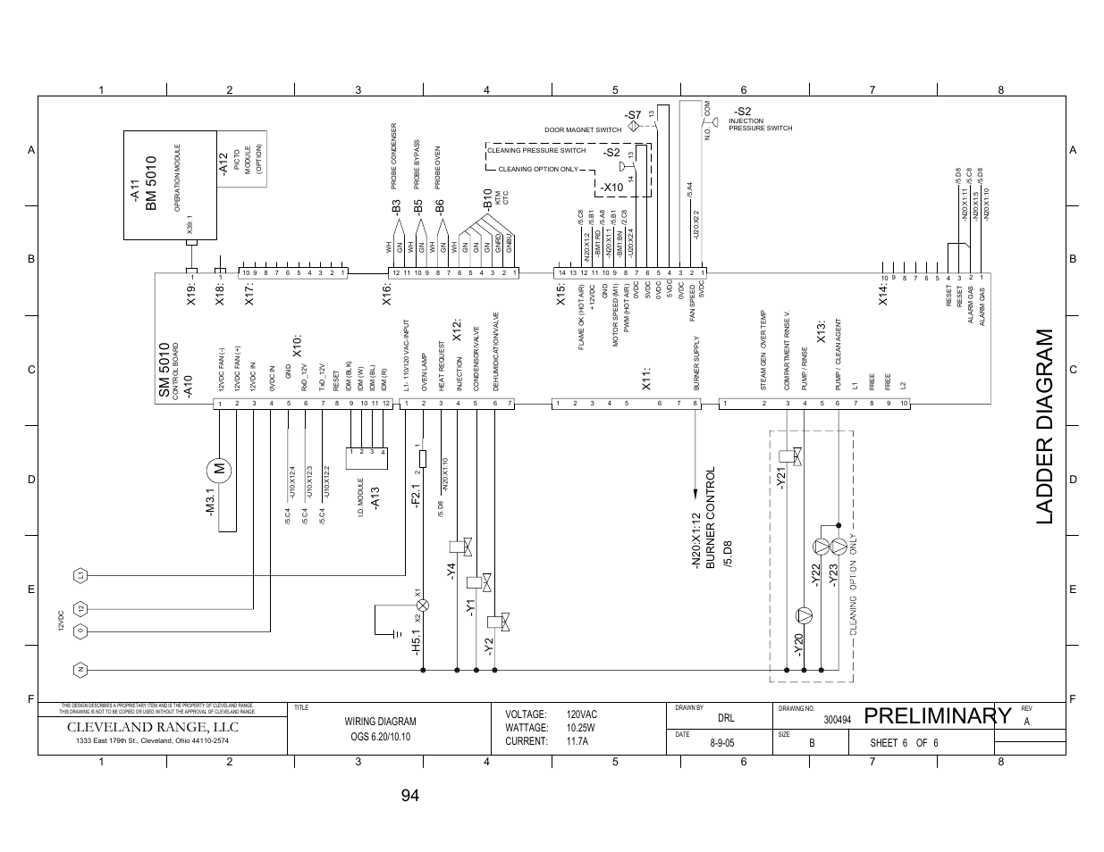 Pg 2, Preliminary, Ladder di ag ra m | Cleveland range, llc, Bm 5 010, Sm 5 010, Voltage: wattage: current, Sheet of, A1 2, A1 1 | Cleveland Range OGS-10.10 User Manual | Page 101 / 101