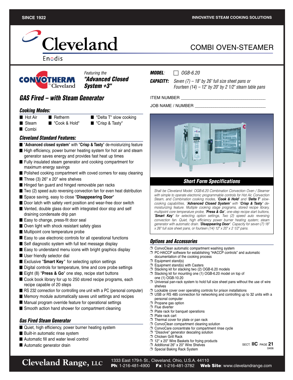 Ogb-6.20, Cleveland range, Combi oven-steamer | Gas fired – with steam generator, Advanced closed system +3 | Cleveland Range OGS-10.10 User Manual | Page 14 / 101