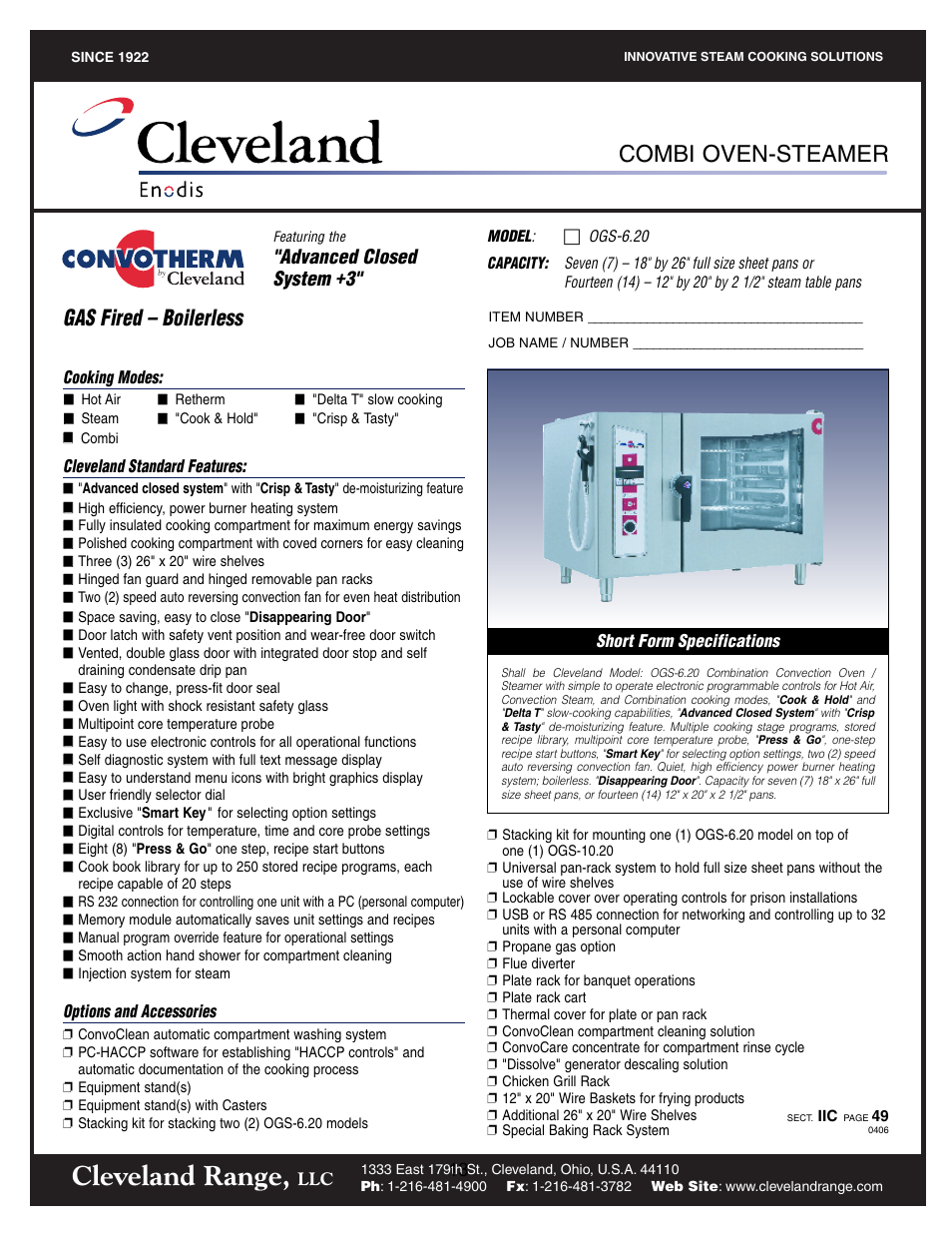 Ogs-6.20, Cleveland range, Combi oven-steamer | Gas fired – boilerless, Advanced closed system +3 | Cleveland Range OGS-10.10 User Manual | Page 16 / 101