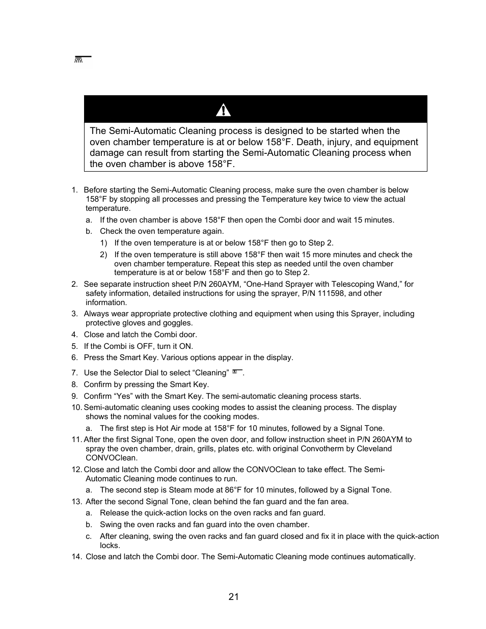Semi- automatic cleaning, Warning | Cleveland Range OGS-10.10 User Manual | Page 24 / 101