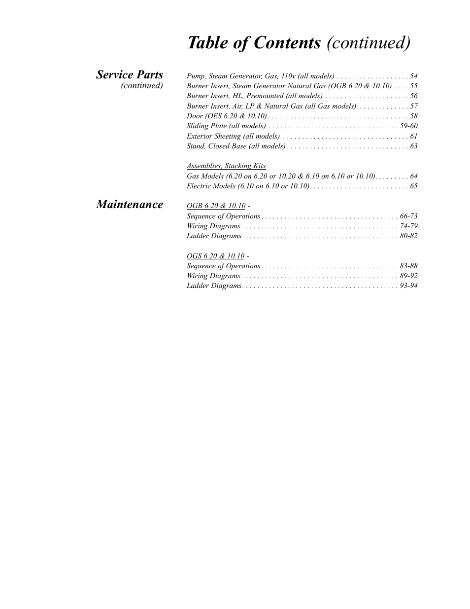 Pg 2, Table of contents (continued), Service parts | Maintenance | Cleveland Range OGS-10.10 User Manual | Page 3 / 101