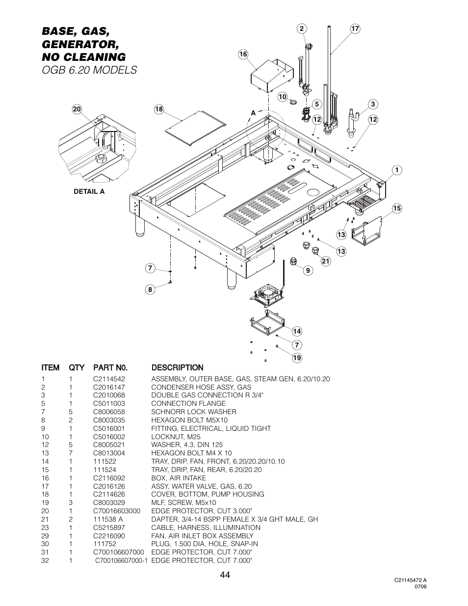 Base, gas generator no cleaning (ogb 6.20), Base, gas, generator, no cleaning ogb 6.20 models | Cleveland Range OGS-10.10 User Manual | Page 47 / 101