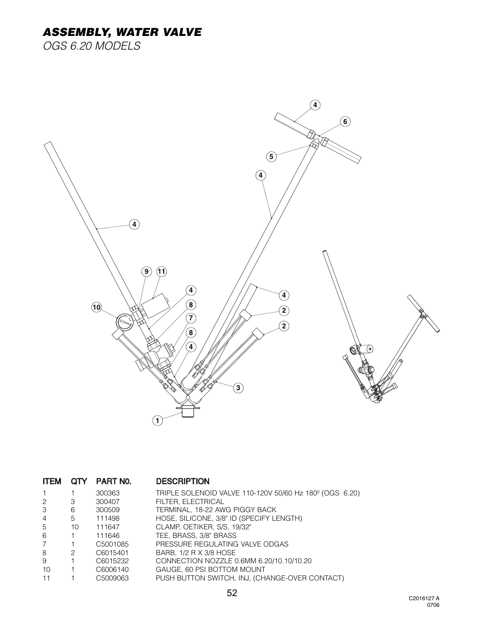 Water valve (ogs 6.20), Assembly, water valve ogs 6.20 models | Cleveland Range OGS-10.10 User Manual | Page 56 / 101