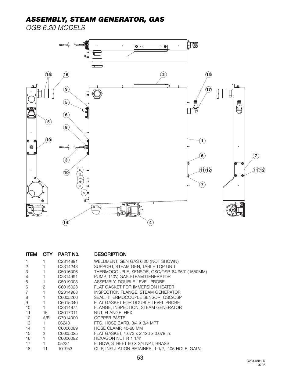 Steam generator, gas (ogb 6.20), Assembly, steam generator, gas ogb 6.20 models | Cleveland Range OGS-10.10 User Manual | Page 57 / 101