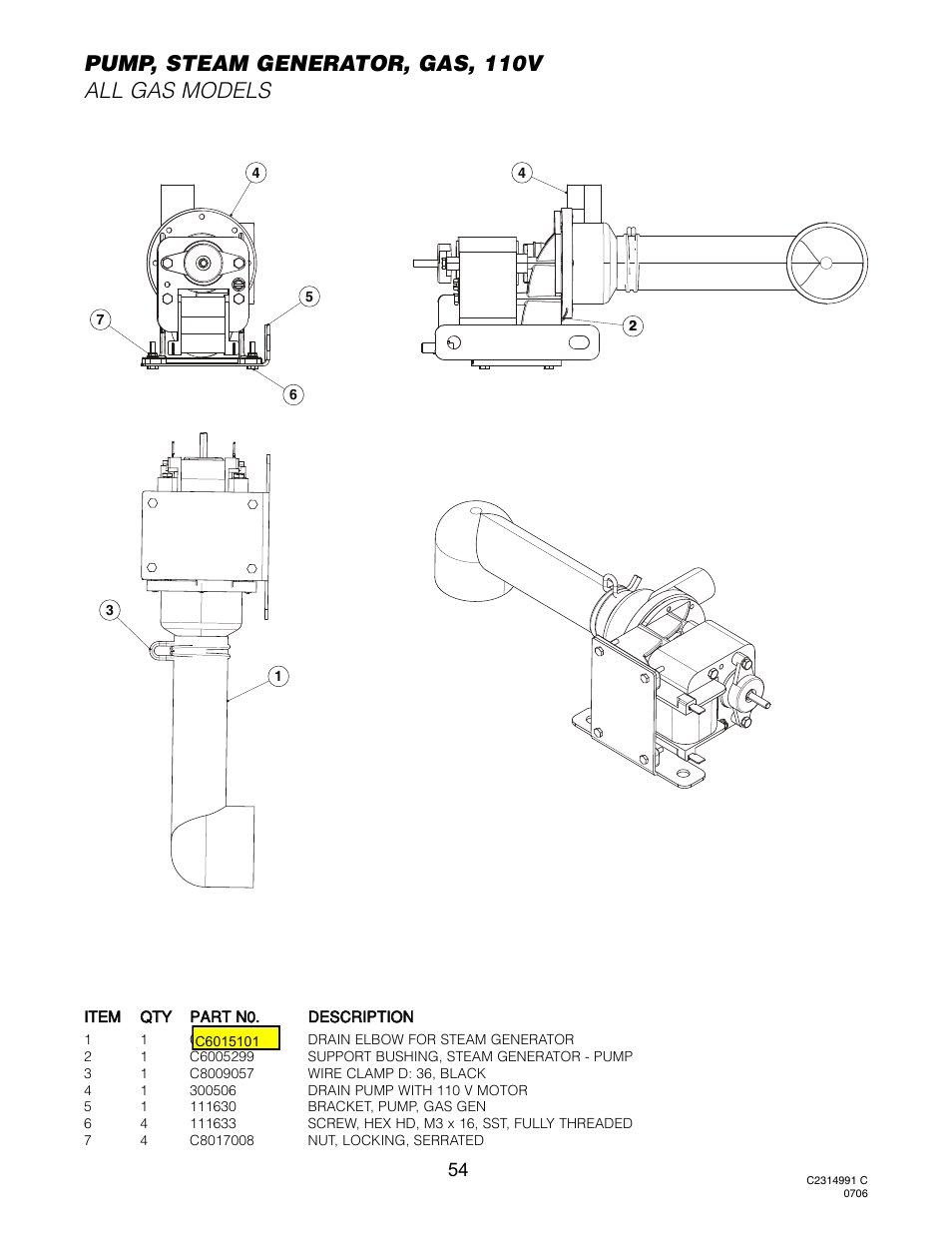 Pump, steam generator, gas, 110v (all models), Pump, steam generator, gas, 110v all gas models | Cleveland Range OGS-10.10 User Manual | Page 58 / 101