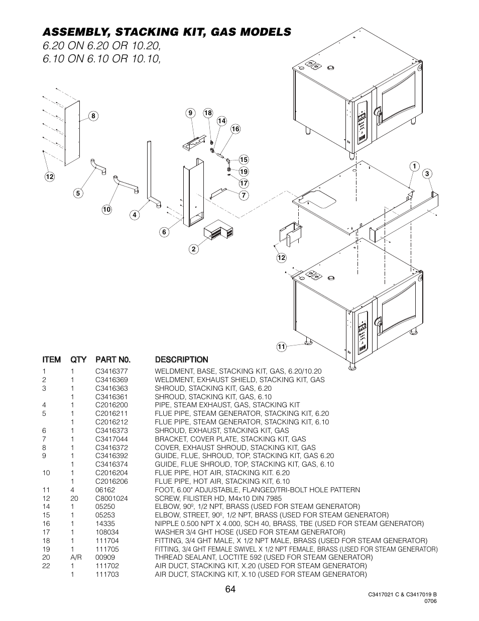 Assemblies, stacking kits, Ogb 6.20 & 10.10 - sequence of operations | Cleveland Range OGS-10.10 User Manual | Page 71 / 101