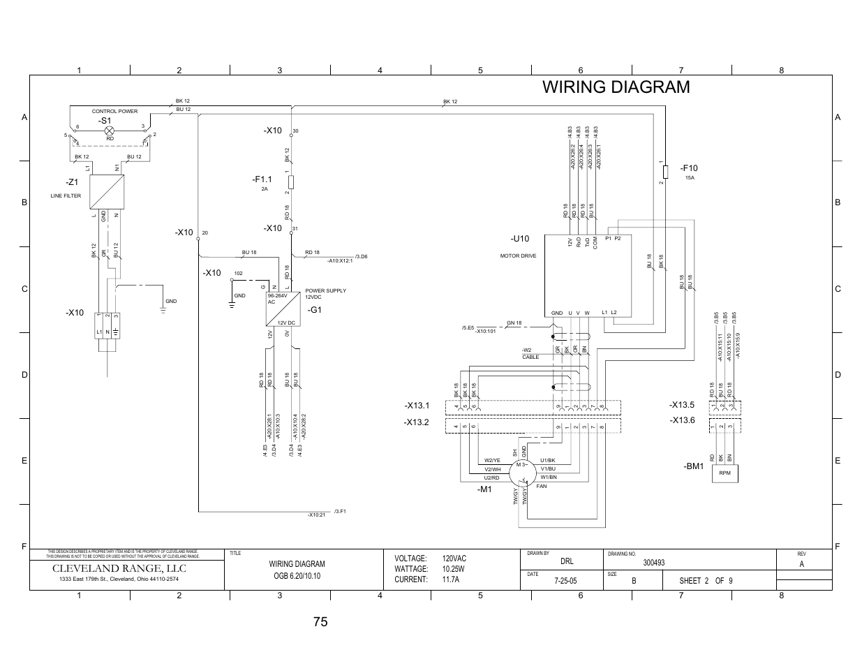 Pg 2, Wiring diagram, Cleveland range, llc | F1.1, X10 -g1, Voltage: wattage: current, Sheet of | Cleveland Range OGS-10.10 User Manual | Page 82 / 101