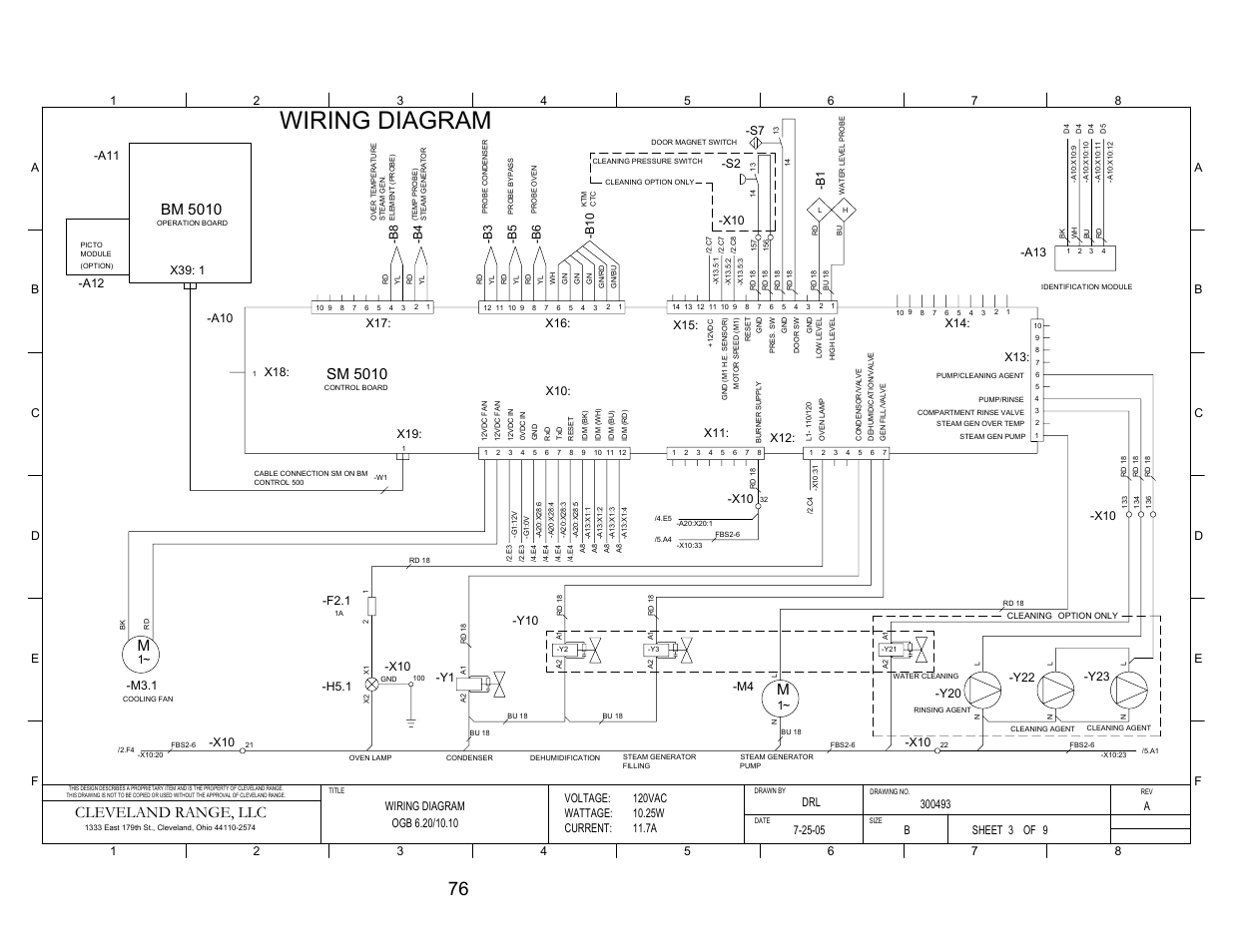 Pg 3, Wiring diagram, Msm 5010 | Bm 5010, Cleveland range, llc, 1~ -h5.1, X39: 1, A12 -a11, Voltage: wattage: current, Sheet of | Cleveland Range OGS-10.10 User Manual | Page 83 / 101