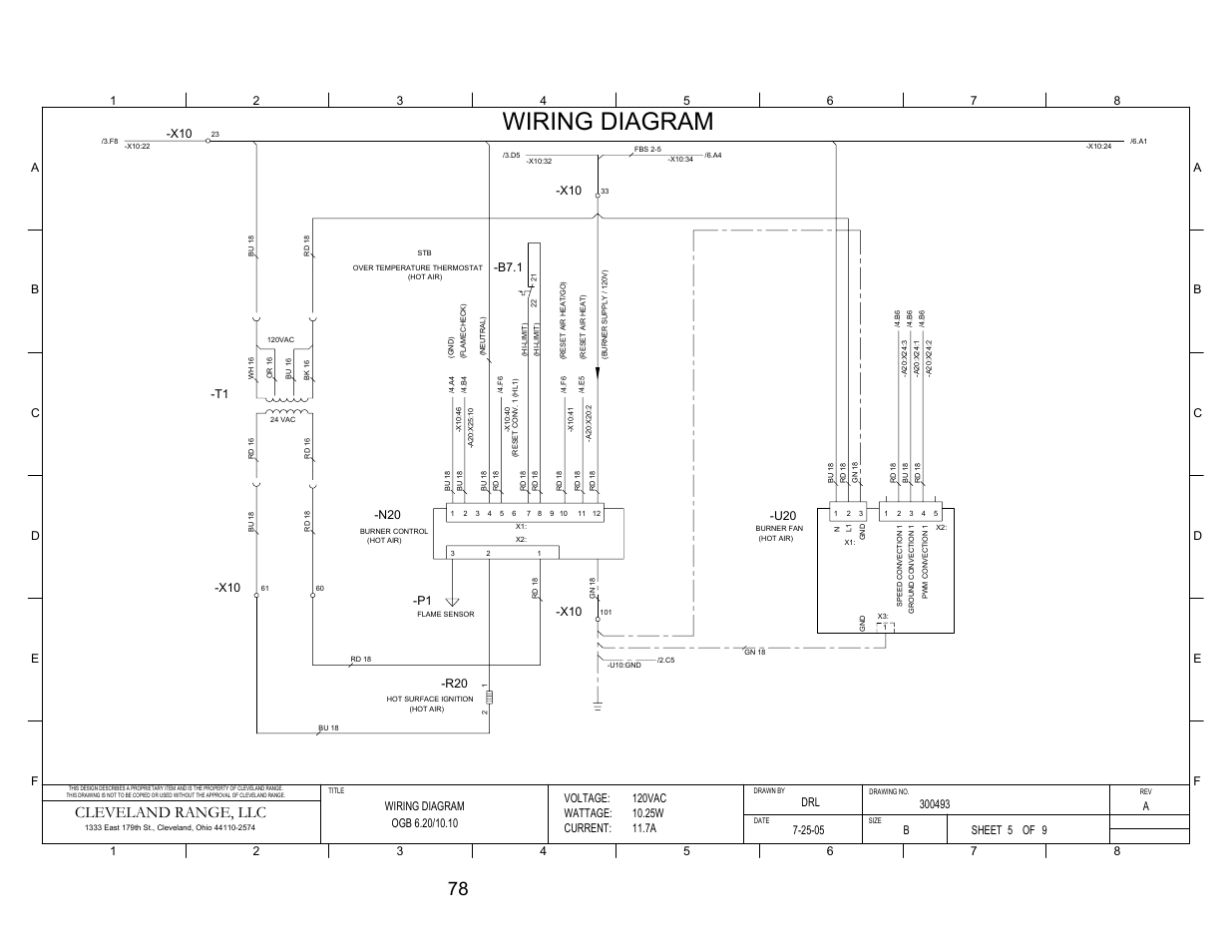 Pg 5, Wiring diagram, Cleveland range, llc | T1 -b7.1, Voltage: wattage: current, Sheet of | Cleveland Range OGS-10.10 User Manual | Page 85 / 101