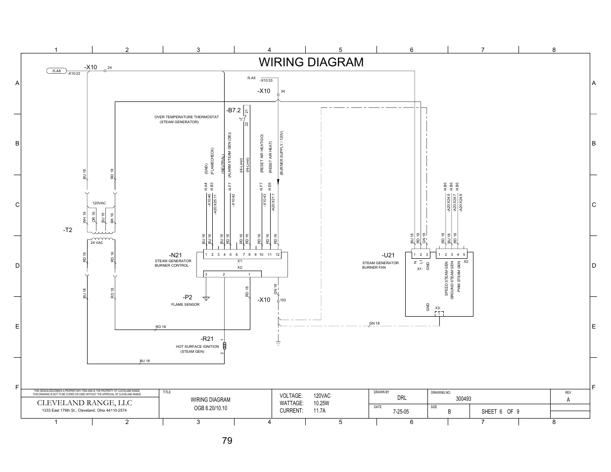 Pg 6, Wiring diagram, Cleveland range, llc | P2 -n21, B7.2, Voltage: wattage: current, Sheet of | Cleveland Range OGS-10.10 User Manual | Page 86 / 101