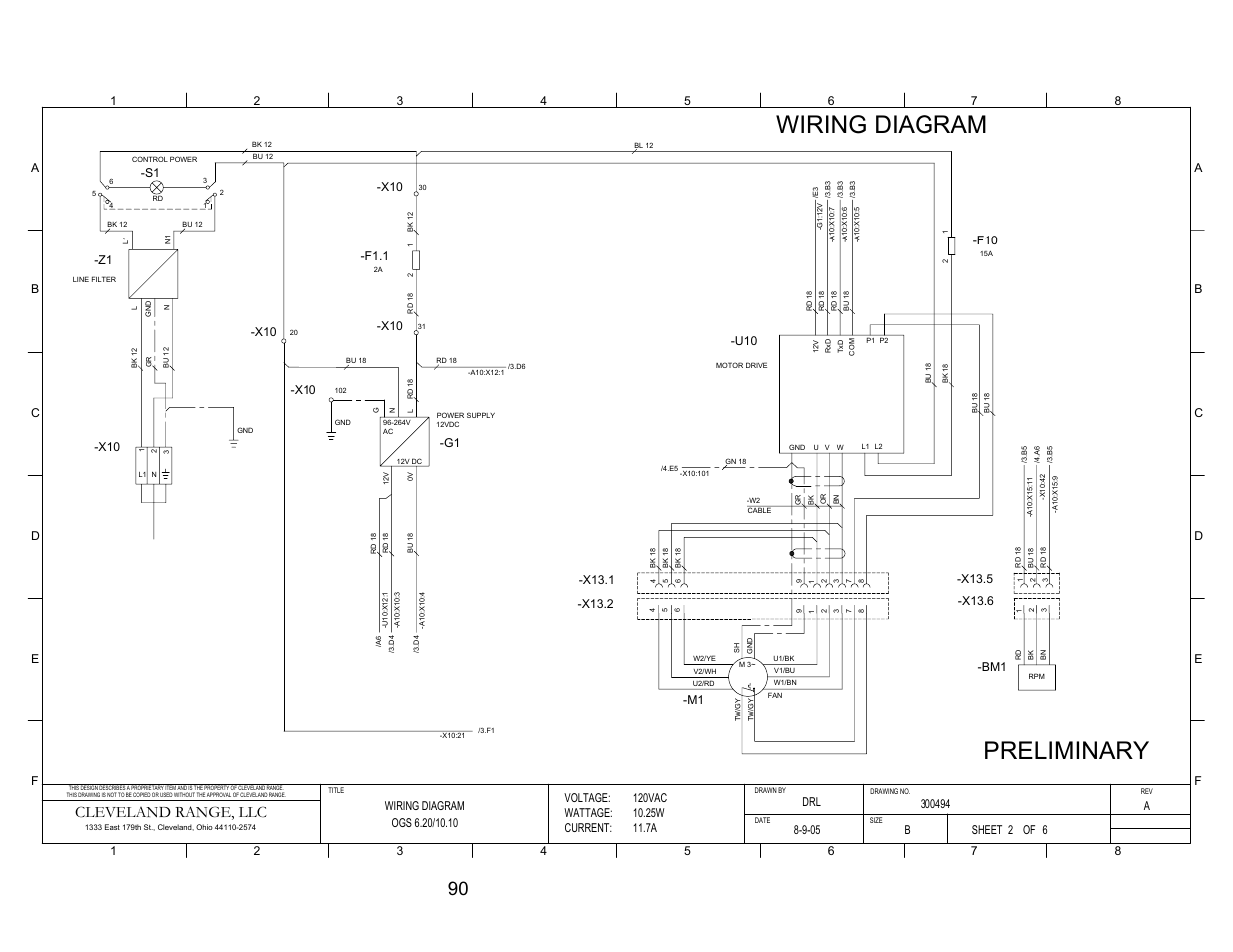 Pg 2, Wiring diagram preliminary, Cleveland range, llc | F1.1, X10 -g1, Voltage: wattage: current, Sheet of | Cleveland Range OGS-10.10 User Manual | Page 97 / 101