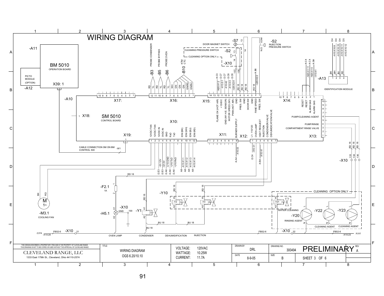 Pg 3, Wiring diagram preliminary, Msm 5010 | Bm 5010, Cleveland range, llc, 1~ -h5.1, X39: 1, A12 -a11, Voltage: wattage: current, Sheet of | Cleveland Range OGS-10.10 User Manual | Page 98 / 101
