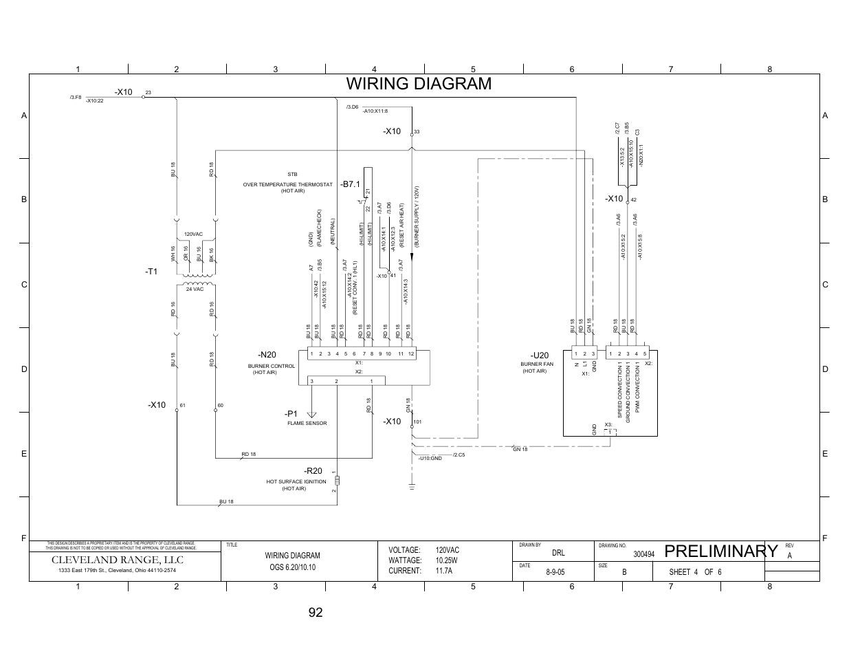 Pg 4, Wiring diagram preliminary, Cleveland range, llc | T1 -b7.1, Voltage: wattage: current, Sheet of | Cleveland Range OGS-10.10 User Manual | Page 99 / 101