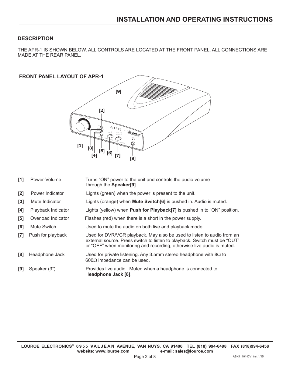 Installation and operating instructions, Description, Front panel layout of apr-1 | Louroe Electronics ASK-4 101DV User Manual | Page 2 / 8