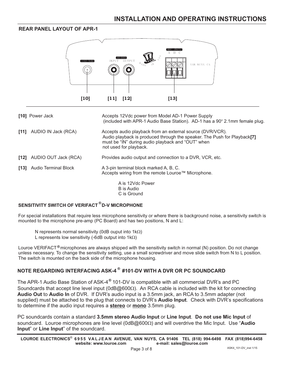 Installation and operating instructions, Rear panel layout of apr-1 | Louroe Electronics ASK-4 101DV User Manual | Page 3 / 8