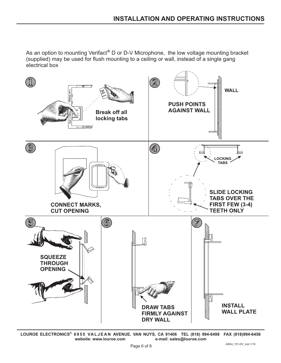 Addendum, Installation and operating instructions, Break off all locking tabs | Push points against wall | Louroe Electronics ASK-4 101DV User Manual | Page 6 / 8