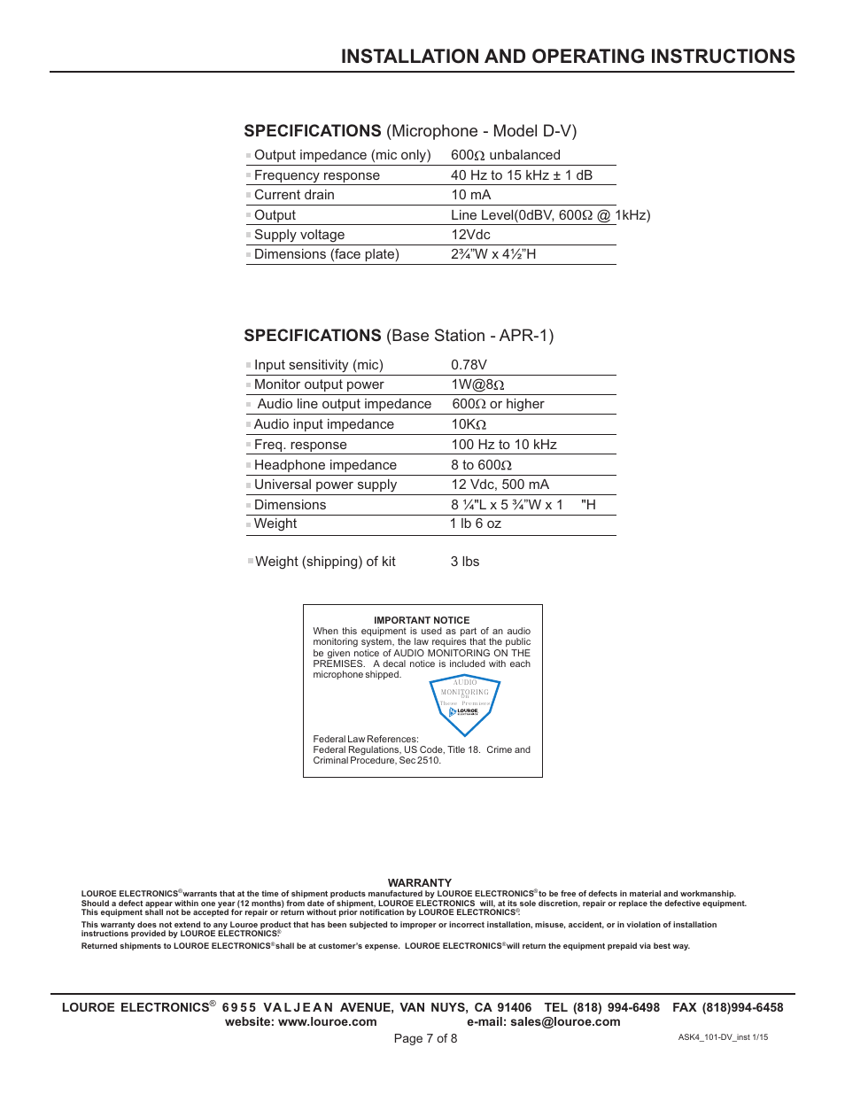 Installation and operating instructions, Specifications (microphone - model d-v), Specifications (base station - apr-1) | Louroe Electronics ASK-4 101DV User Manual | Page 7 / 8