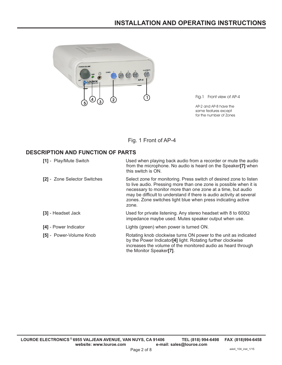 Installation and operating instructions, Description and function of parts, Fig. 1 front of ap-4 | Louroe Electronics ASK-4 104 User Manual | Page 2 / 8