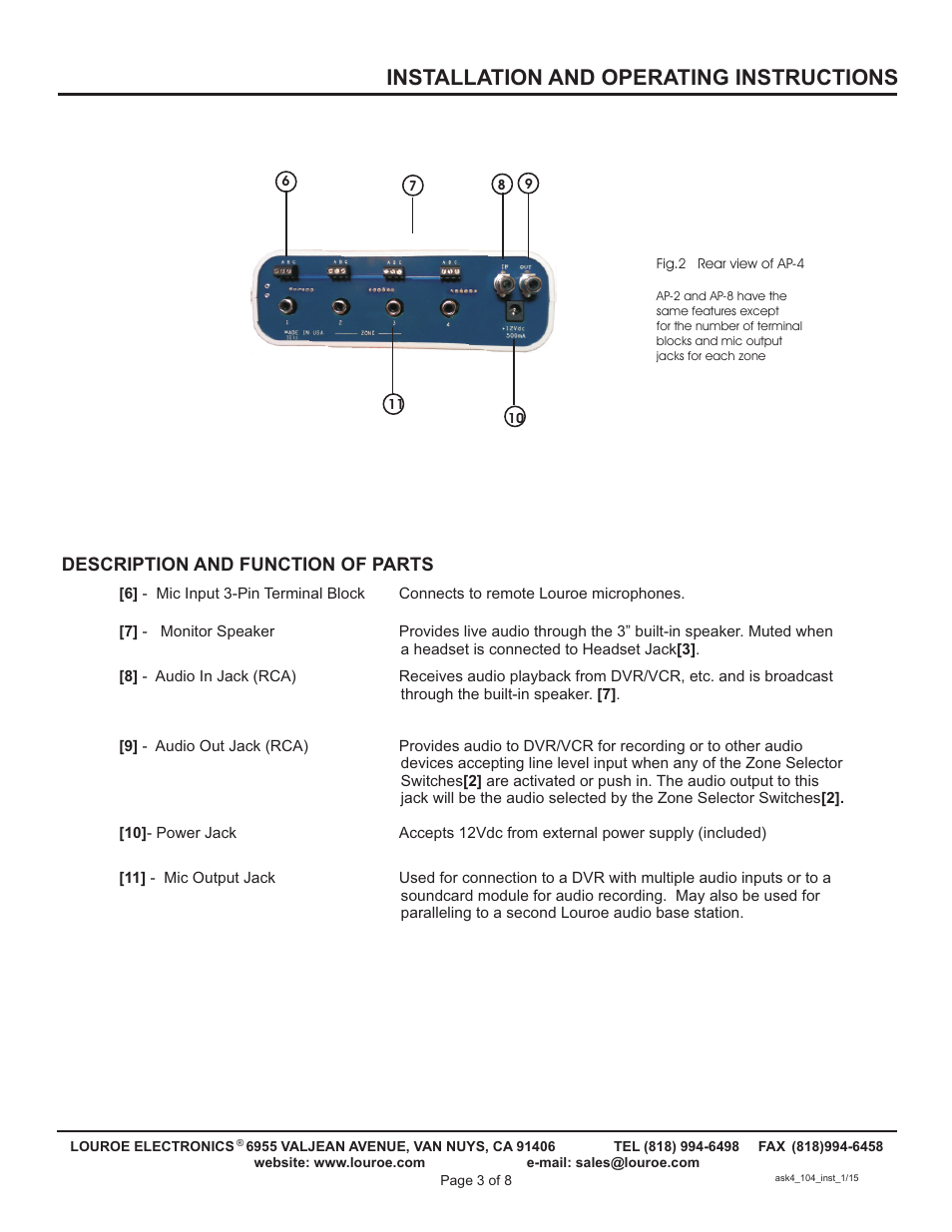 Installation and operating instructions, Description and function of parts | Louroe Electronics ASK-4 104 User Manual | Page 3 / 8