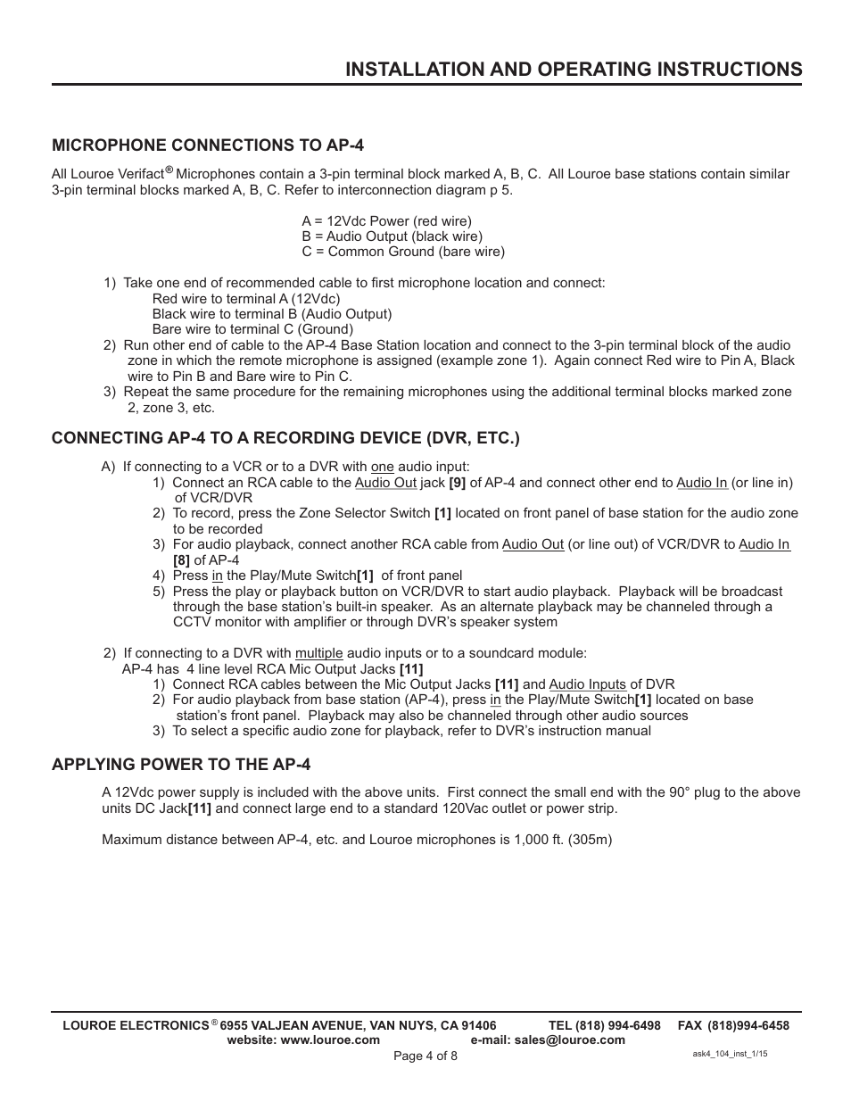 Installation and operating instructions | Louroe Electronics ASK-4 104 User Manual | Page 4 / 8
