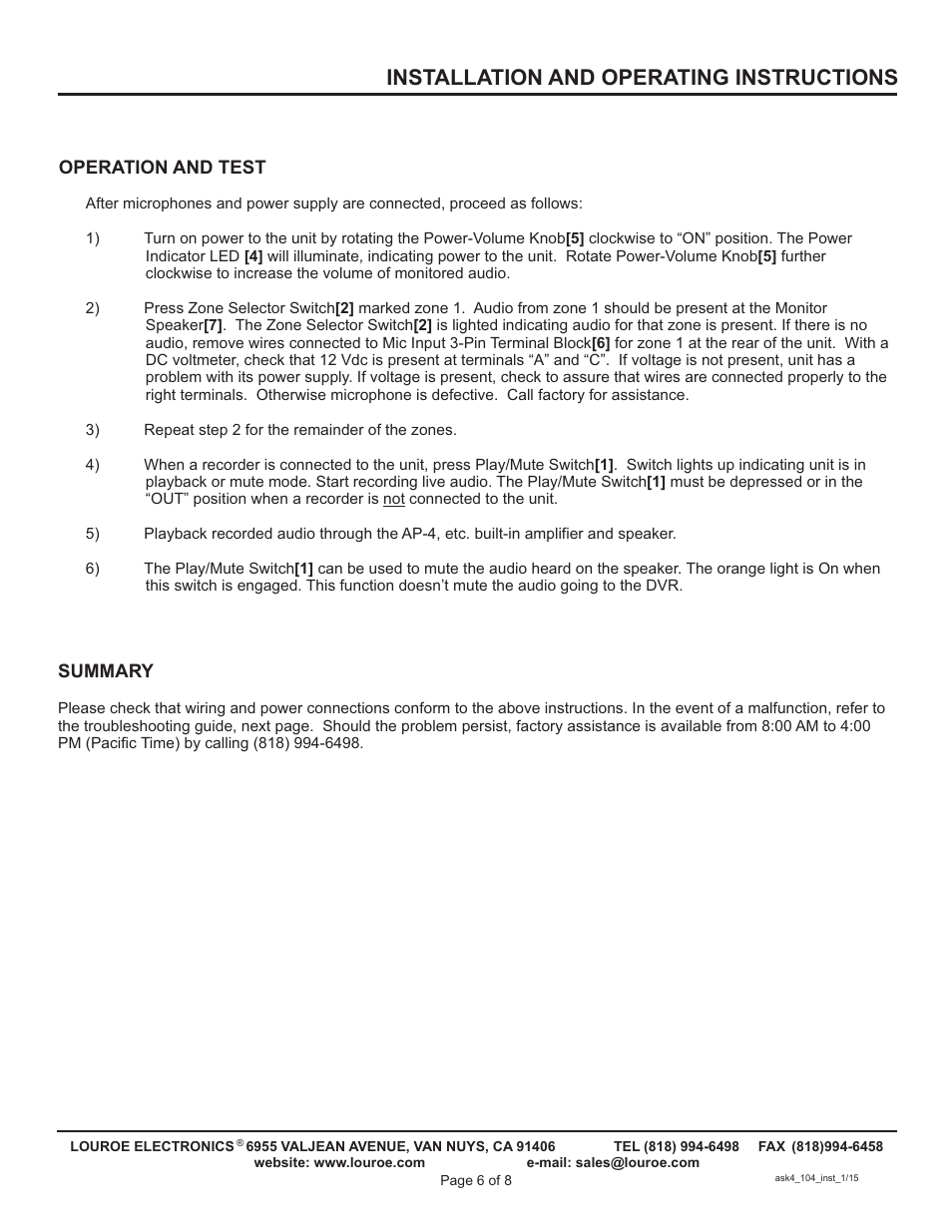 Installation and operating instructions | Louroe Electronics ASK-4 104 User Manual | Page 6 / 8