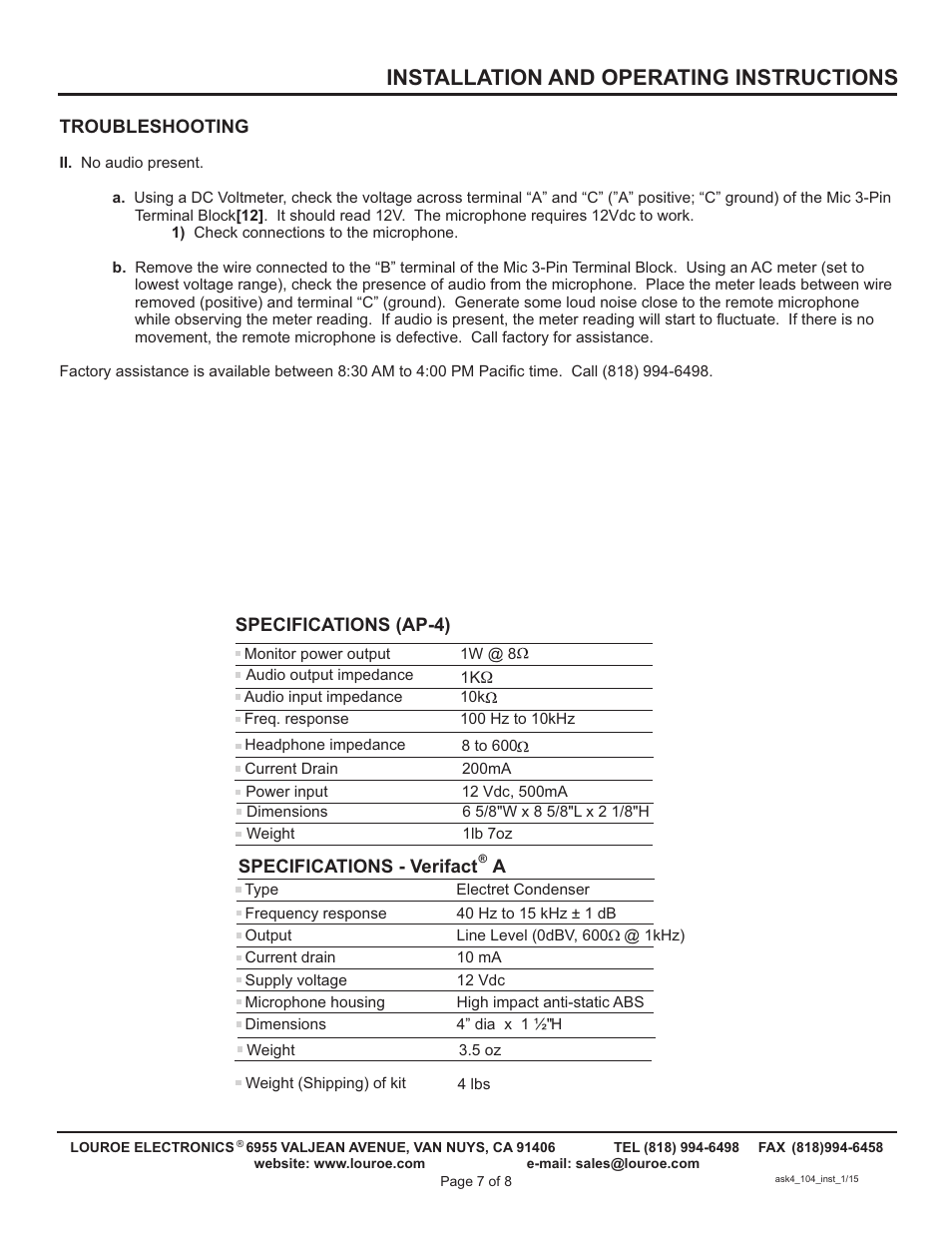 Installation and operating instructions | Louroe Electronics ASK-4 104 User Manual | Page 7 / 8