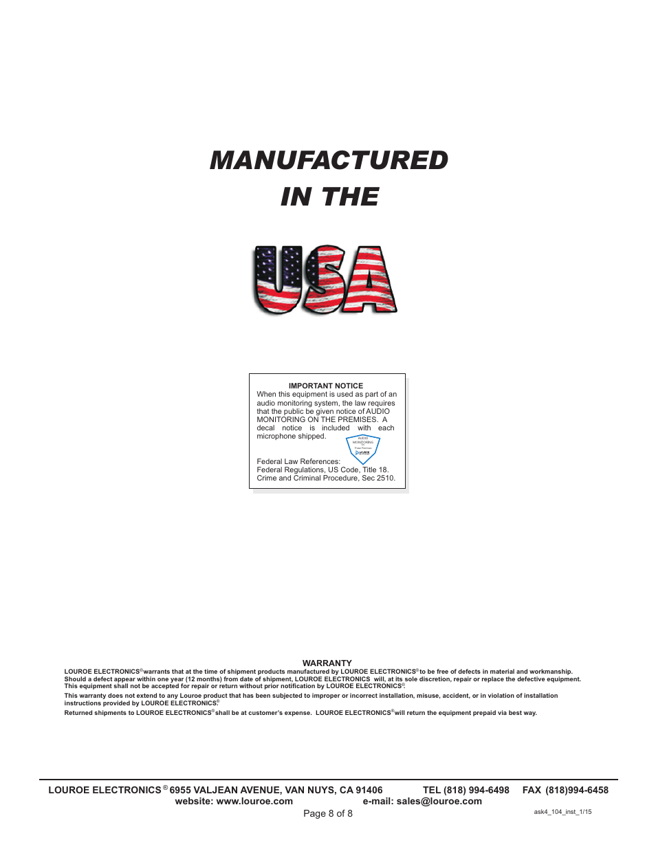 Manufactured in the | Louroe Electronics ASK-4 104 User Manual | Page 8 / 8